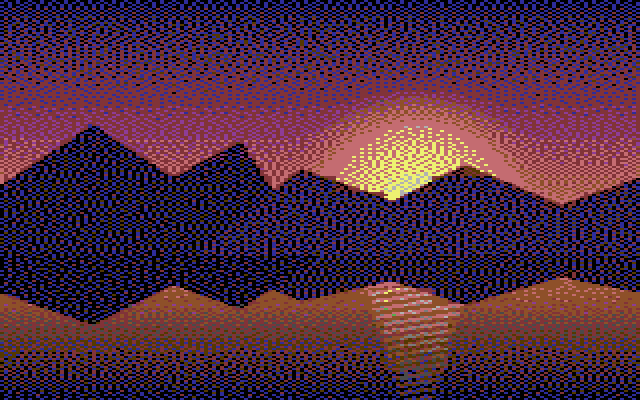 The same sunset scene converted to C64 multicolor mode: dithered purple and brown sky, dark blue mountains, a light-green sun core