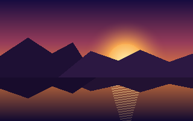 A smooth synthetic sunset: violet-to-orange gradient sky, a sun on the horizon, dark mountain silhouettes reflected in water